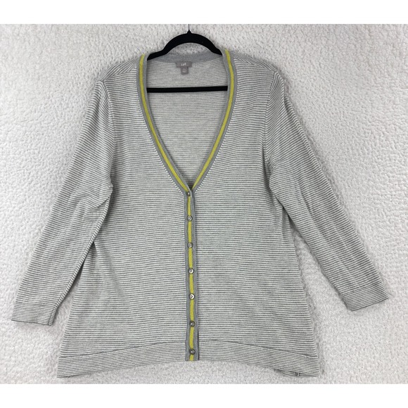 J. Jill Sweaters - J. Jill Cardigan Sweater Womens Large Petite Gray‎ White Stripe Long Sleeve Knit